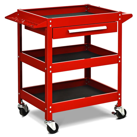 3-Tray Rolling Utility Cart with Drawer and Wheels for Garage and Warehouse-Red