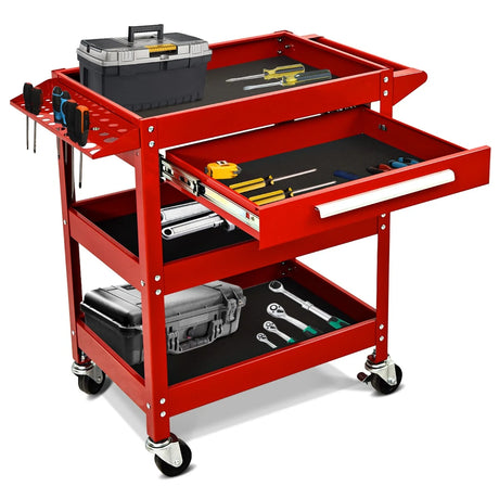 3-Tray Rolling Utility Cart with Drawer and Wheels for Garage and Warehouse-Red