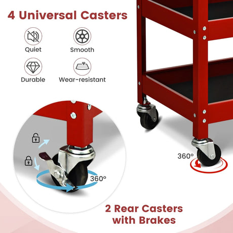 3-Tray Rolling Utility Cart with Drawer and Wheels for Garage and Warehouse-Red