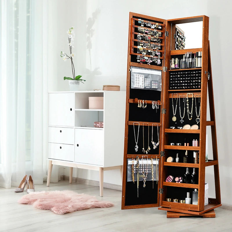 Full Length Mirrored Jewellery Cabinet Rotates 360 with Open Display Shelves-Brown