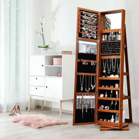 Full Length Mirrored Jewellery Cabinet Rotates 360 with Open Display Shelves-Brown