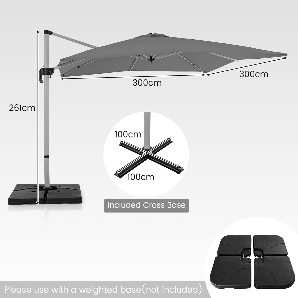 300cm Patio Cantilever Umbrella with 360 Rotation and Adjustable Tilt-Grey