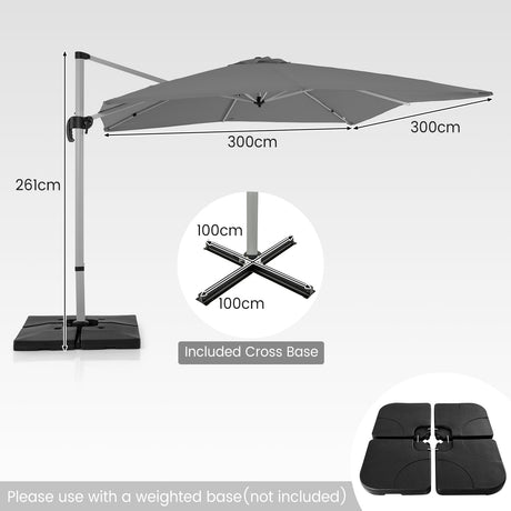 300cm Patio Cantilever Umbrella with 360 Rotation and Adjustable Tilt-Grey