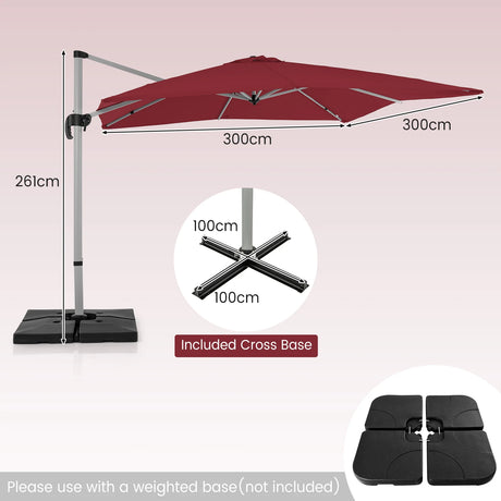 10 FT Outdoor Patio Umbrella Square Cantilever Umbrella with 360 Rotation and Adjustable Tilt-Red