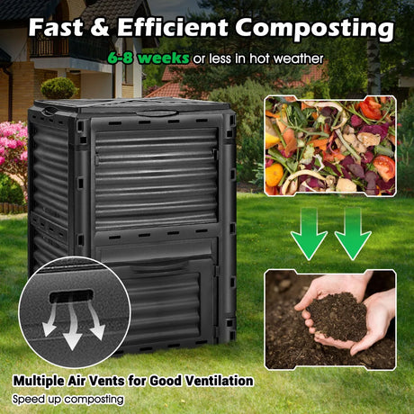 80-Gallon Outdoor Composter with Large Openable Lid and Bottom Exit Door-Black