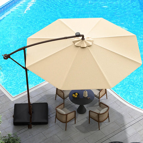 300cm Hanging Offset Umbrella with 40 LED Lights Solar Panel Batteries-Beige