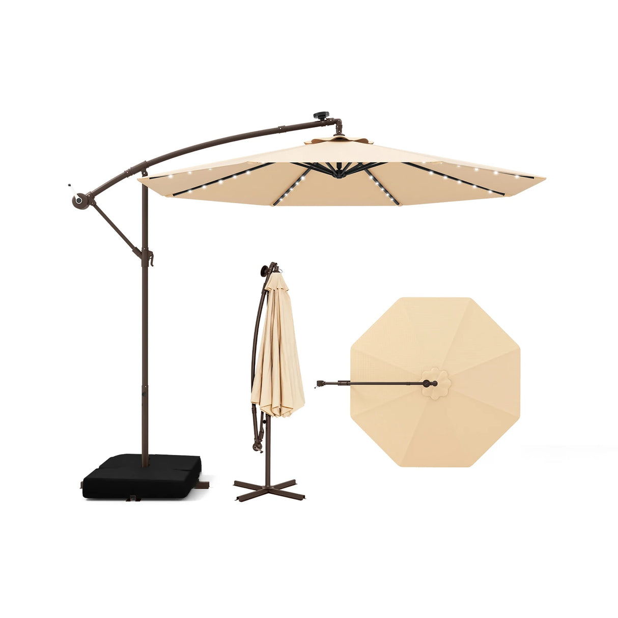 300cm Hanging Offset Umbrella with 40 LED Lights Solar Panel Batteries-Beige