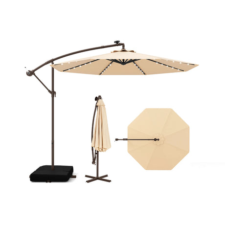 300cm Hanging Offset Umbrella with 40 LED Lights Solar Panel Batteries-Beige