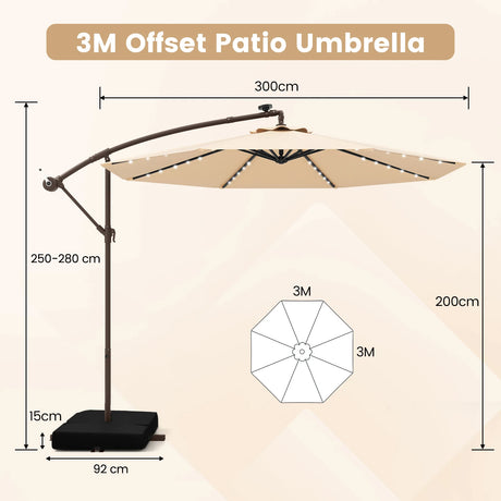 300cm Hanging Offset Umbrella with 40 LED Lights Solar Panel Batteries-Beige