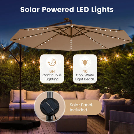 300cm Hanging Offset Umbrella with 40 LED Lights Solar Panel Batteries-Beige