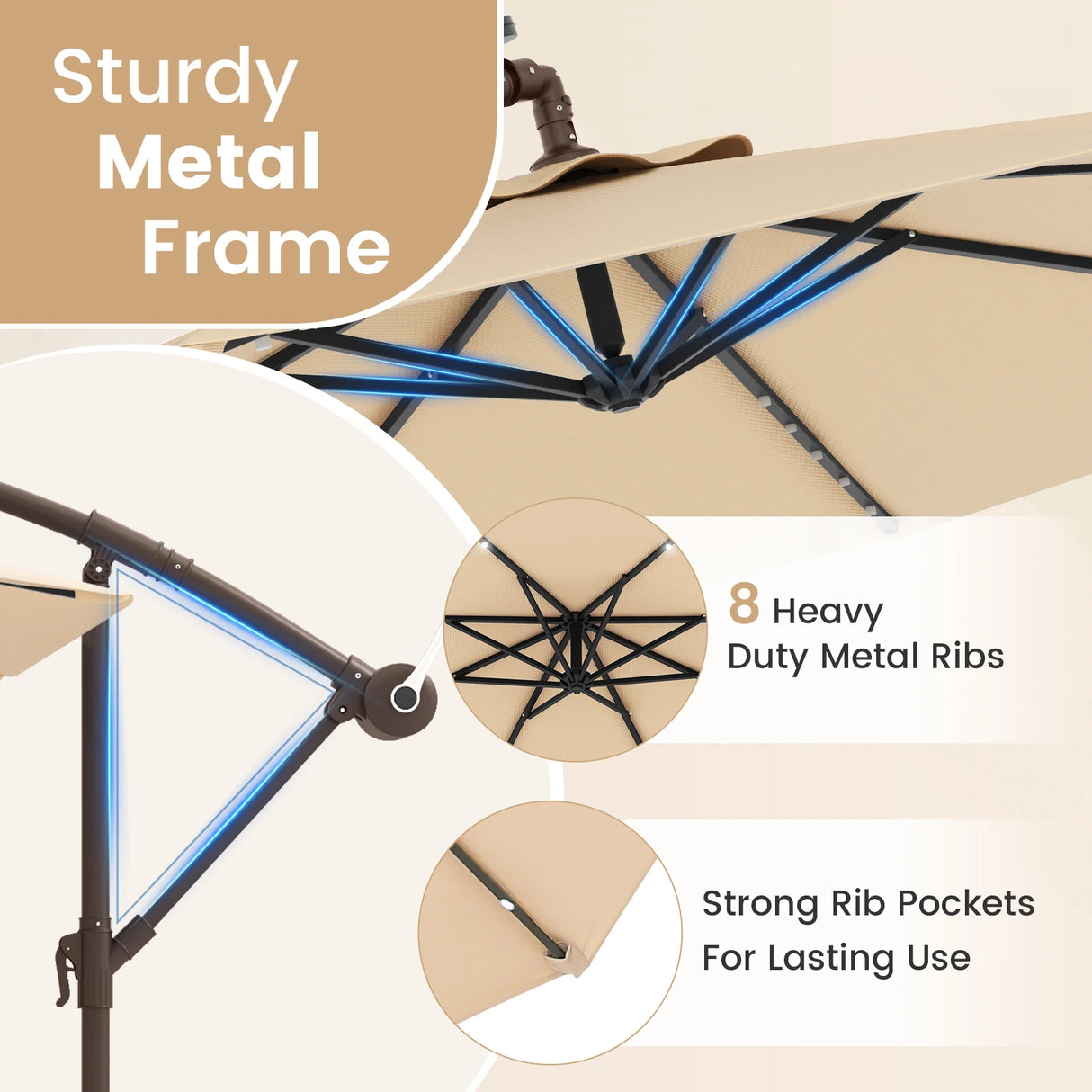 300cm Hanging Offset Umbrella with 40 LED Lights Solar Panel Batteries-Beige