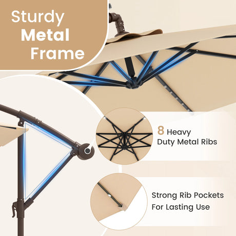 300cm Hanging Offset Umbrella with 40 LED Lights Solar Panel Batteries-Beige