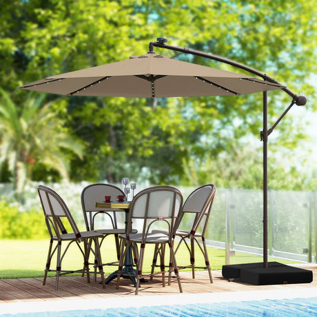 300cm Hanging Offset Umbrella with 40 LED Lights Solar Panel Batteries-Coffee