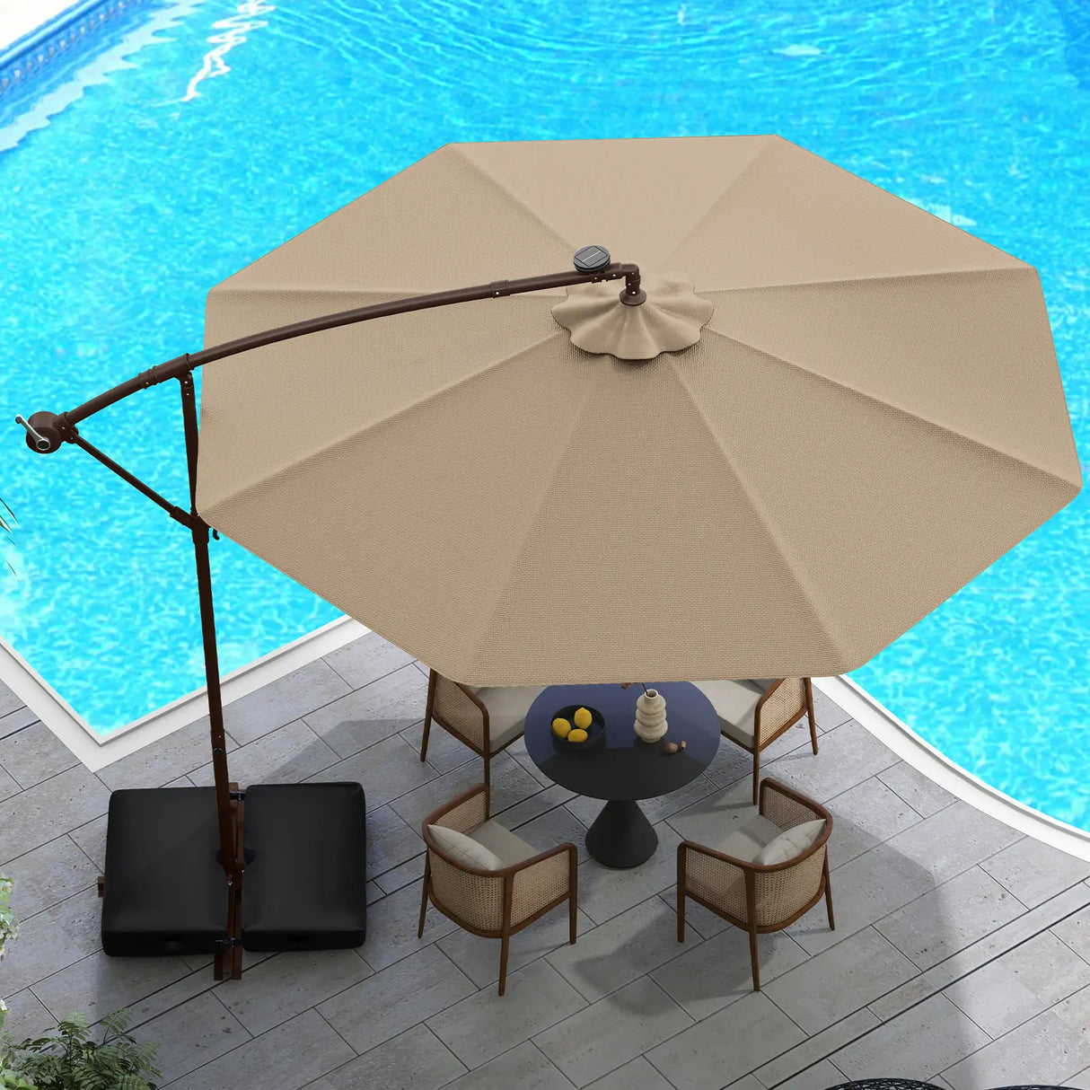 300cm Hanging Offset Umbrella with 40 LED Lights Solar Panel Batteries-Coffee