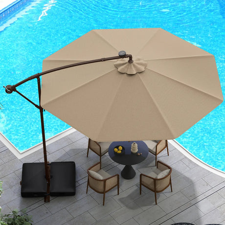 300cm Hanging Offset Umbrella with 40 LED Lights Solar Panel Batteries-Coffee