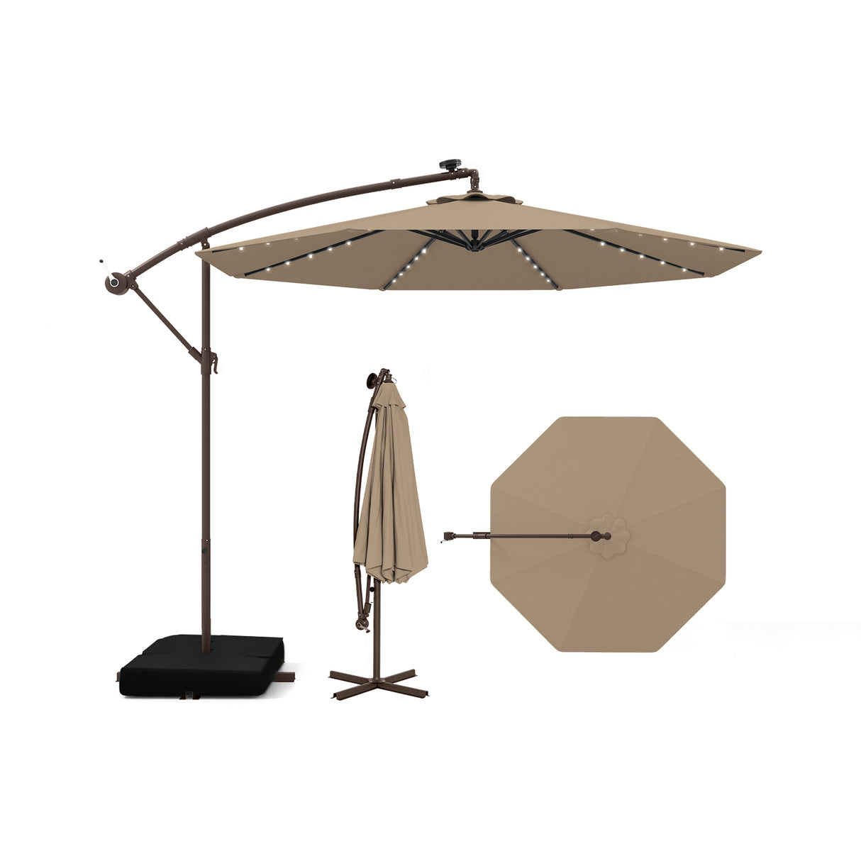 300cm Hanging Offset Umbrella with 40 LED Lights Solar Panel Batteries-Coffee