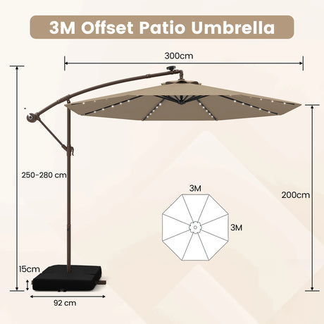 300cm Hanging Offset Umbrella with 40 LED Lights Solar Panel Batteries-Coffee
