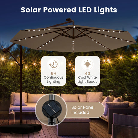 300cm Hanging Offset Umbrella with 40 LED Lights Solar Panel Batteries-Coffee