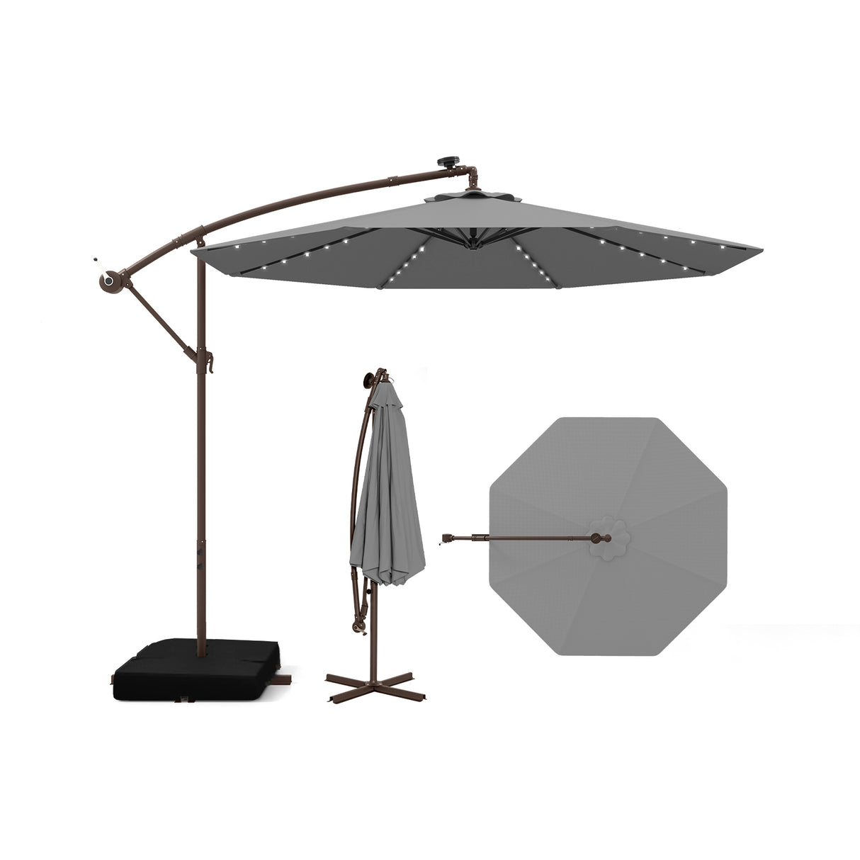 300cm Hanging Offset Umbrella with 40 LED Lights Solar Panel Batteries-Grey