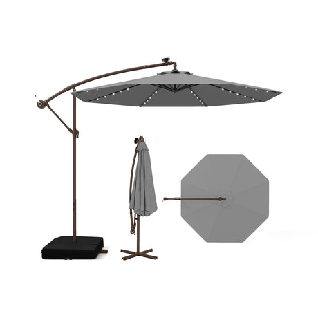 300cm Hanging Offset Umbrella with 40 LED Lights Solar Panel Batteries-Grey