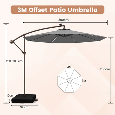 300cm Hanging Offset Umbrella with 40 LED Lights Solar Panel Batteries-Grey