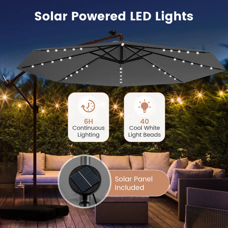 300cm Hanging Offset Umbrella with 40 LED Lights Solar Panel Batteries-Grey