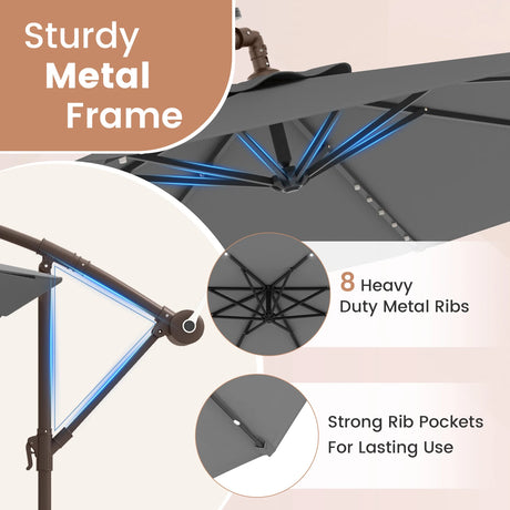 300cm Hanging Offset Umbrella with 40 LED Lights Solar Panel Batteries-Grey