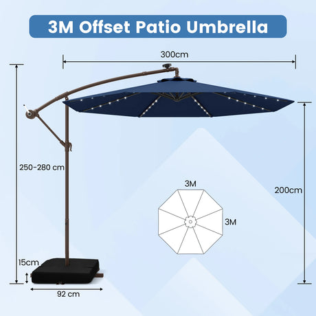 300cm Hanging Offset Umbrella with 40 LED Lights Solar Panel Batteries-Navy