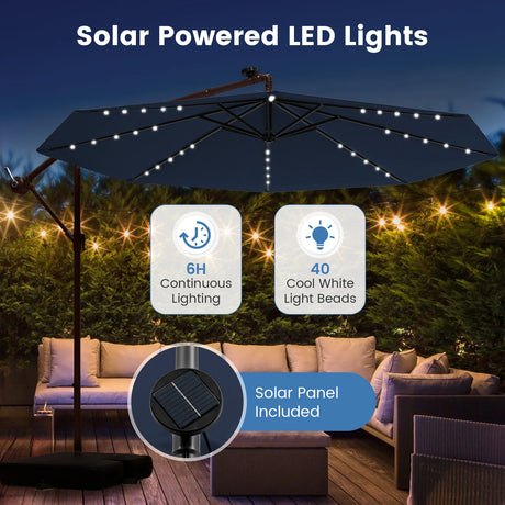 300cm Hanging Offset Umbrella with 40 LED Lights Solar Panel Batteries-Navy