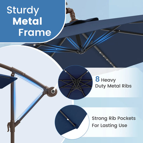300cm Hanging Offset Umbrella with 40 LED Lights Solar Panel Batteries-Navy