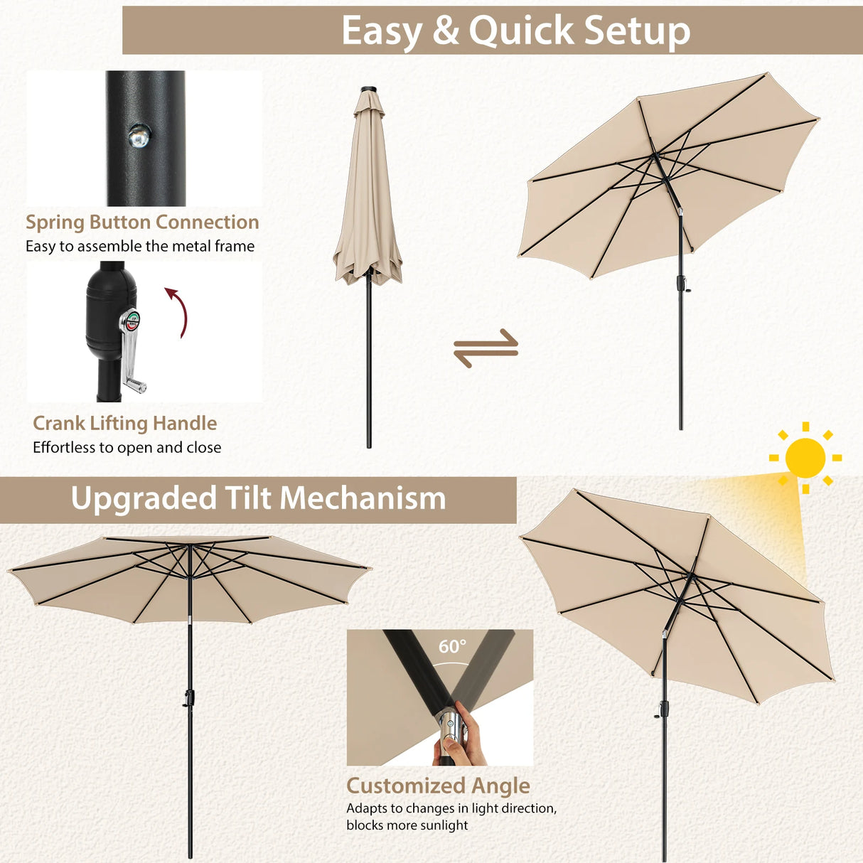 3M Patio Umbrella 8 Ribs with Tilt Mechanism and Crank Handle and Vented Top-Beige