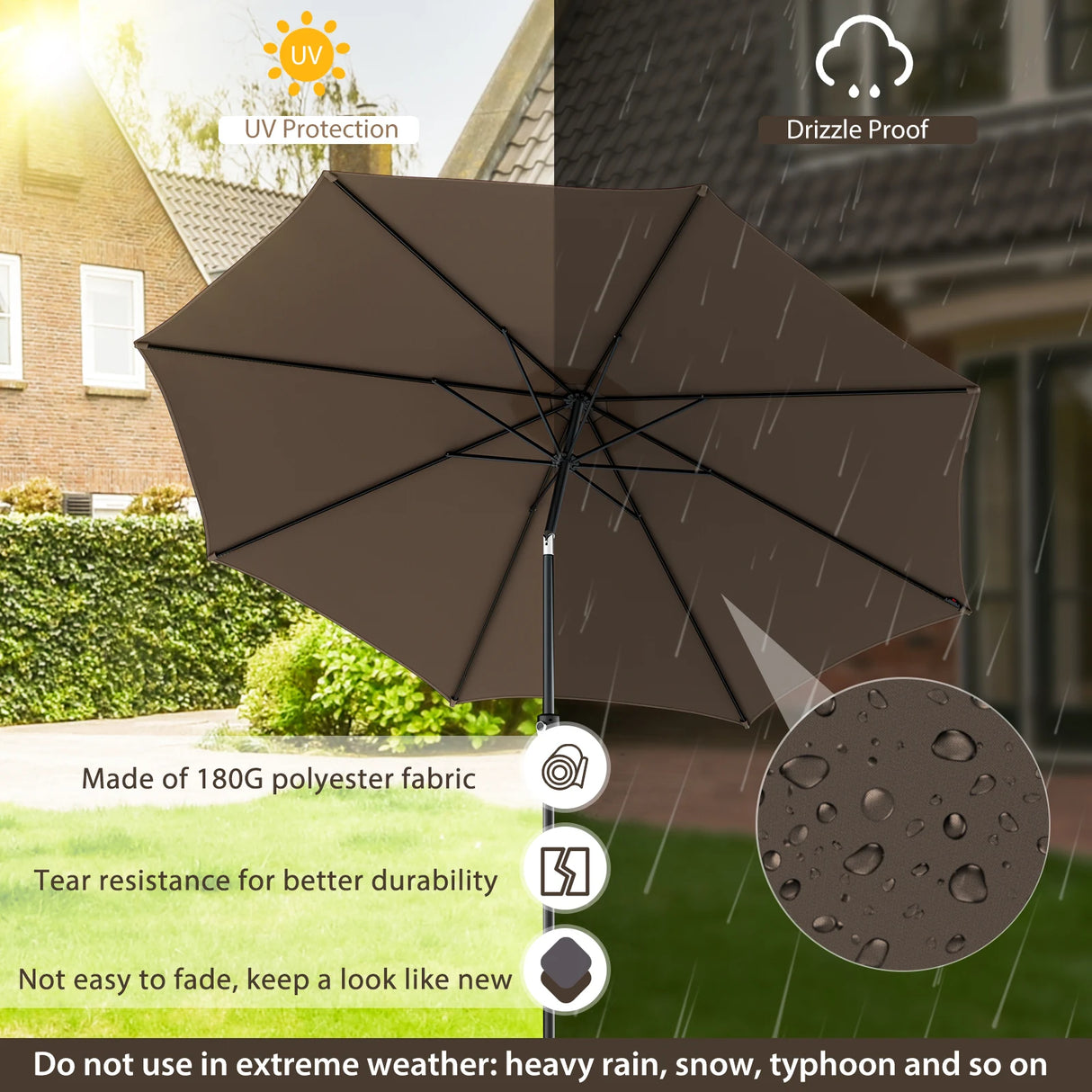 300cm Patio Umbrella with Push Button Tilt Crank Handle and 8 Sturdy Ribs-Brown