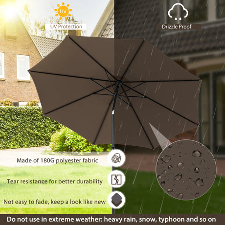 300cm Patio Umbrella with Push Button Tilt Crank Handle and 8 Sturdy Ribs-Brown