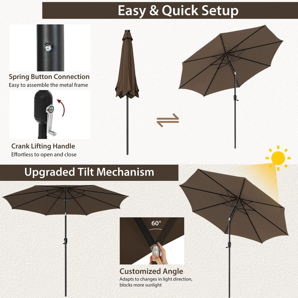 300cm Patio Umbrella with Push Button Tilt Crank Handle and 8 Sturdy Ribs-Brown