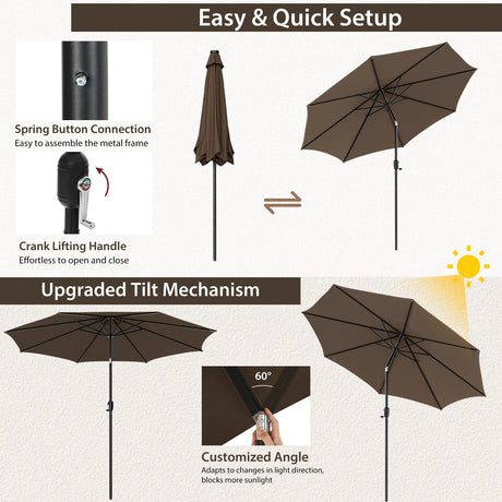300cm Patio Umbrella with Push Button Tilt Crank Handle and 8 Sturdy Ribs-Brown