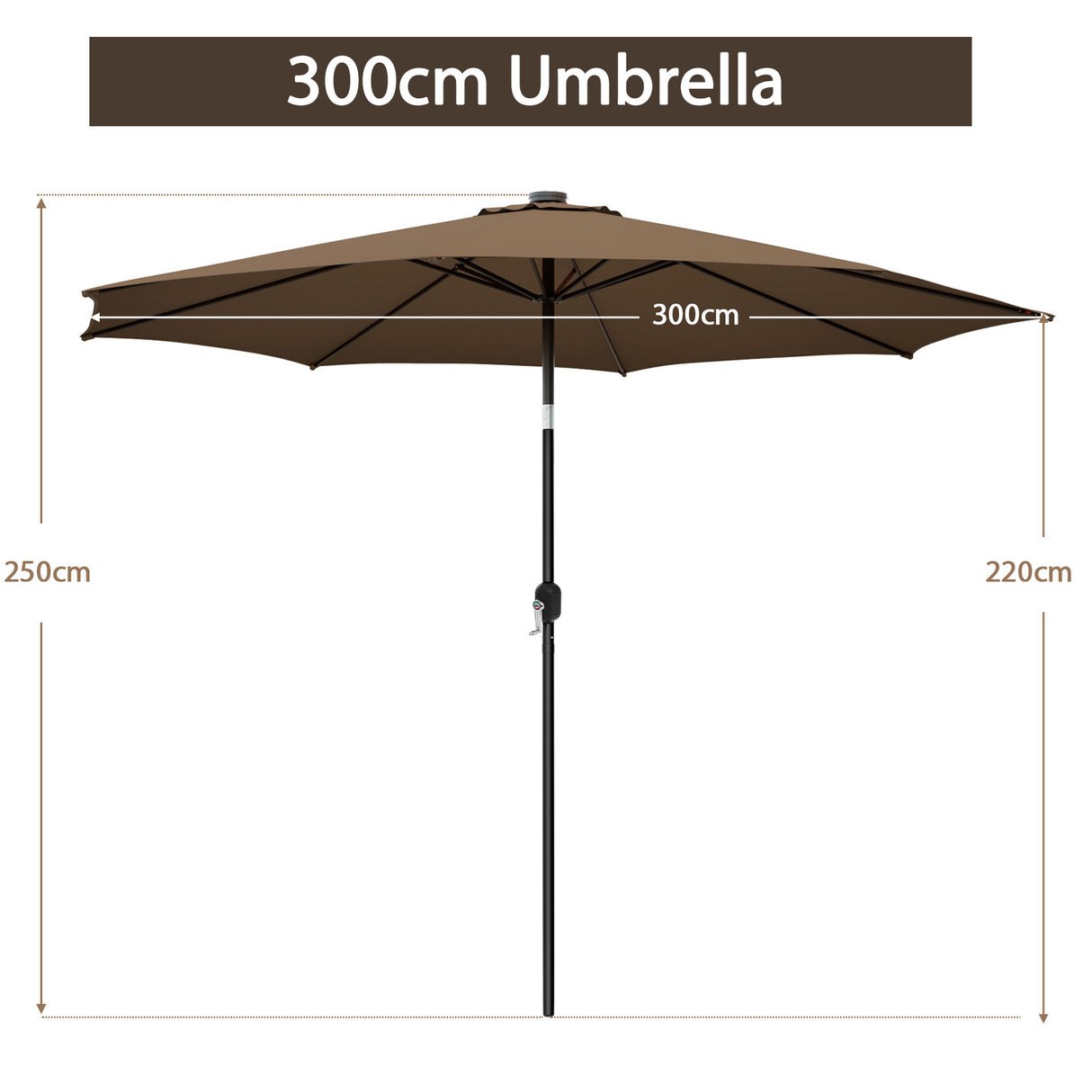 300cm Patio Umbrella with Push Button Tilt Crank Handle and 8 Sturdy Ribs-Brown