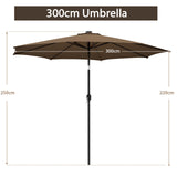 300cm Patio Umbrella with Push Button Tilt Crank Handle and 8 Sturdy Ribs-Brown