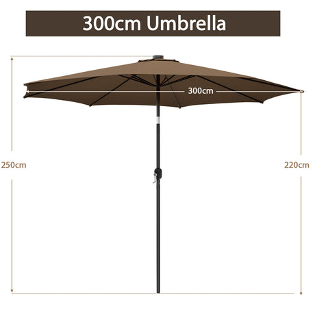 300cm Patio Umbrella with Push Button Tilt Crank Handle and 8 Sturdy Ribs-Brown