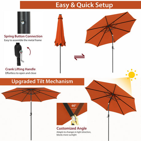 300cm Patio Umbrella with Push Button Tilt Crank Handle and 8 Sturdy Ribs-Orange