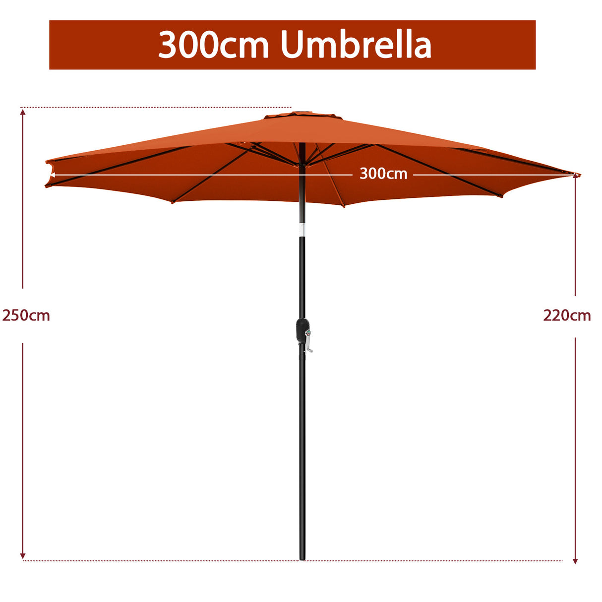 300cm Patio Umbrella with Push Button Tilt Crank Handle and 8 Sturdy Ribs-Orange