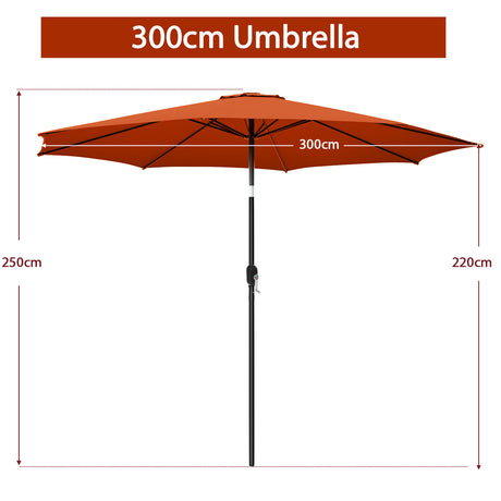 300cm Patio Umbrella with Push Button Tilt Crank Handle and 8 Sturdy Ribs-Orange