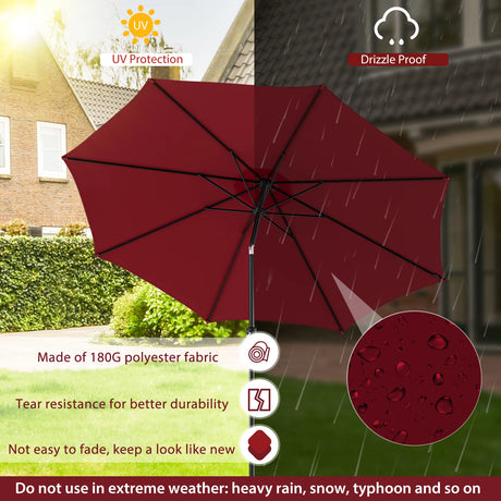 300cm Patio Umbrella with Push Button Tilt Crank Handle and 8 Sturdy Ribs-Wine