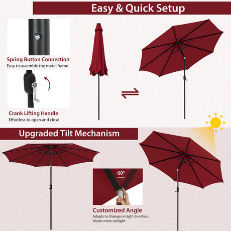 300cm Patio Umbrella with Push Button Tilt Crank Handle and 8 Sturdy Ribs-Wine