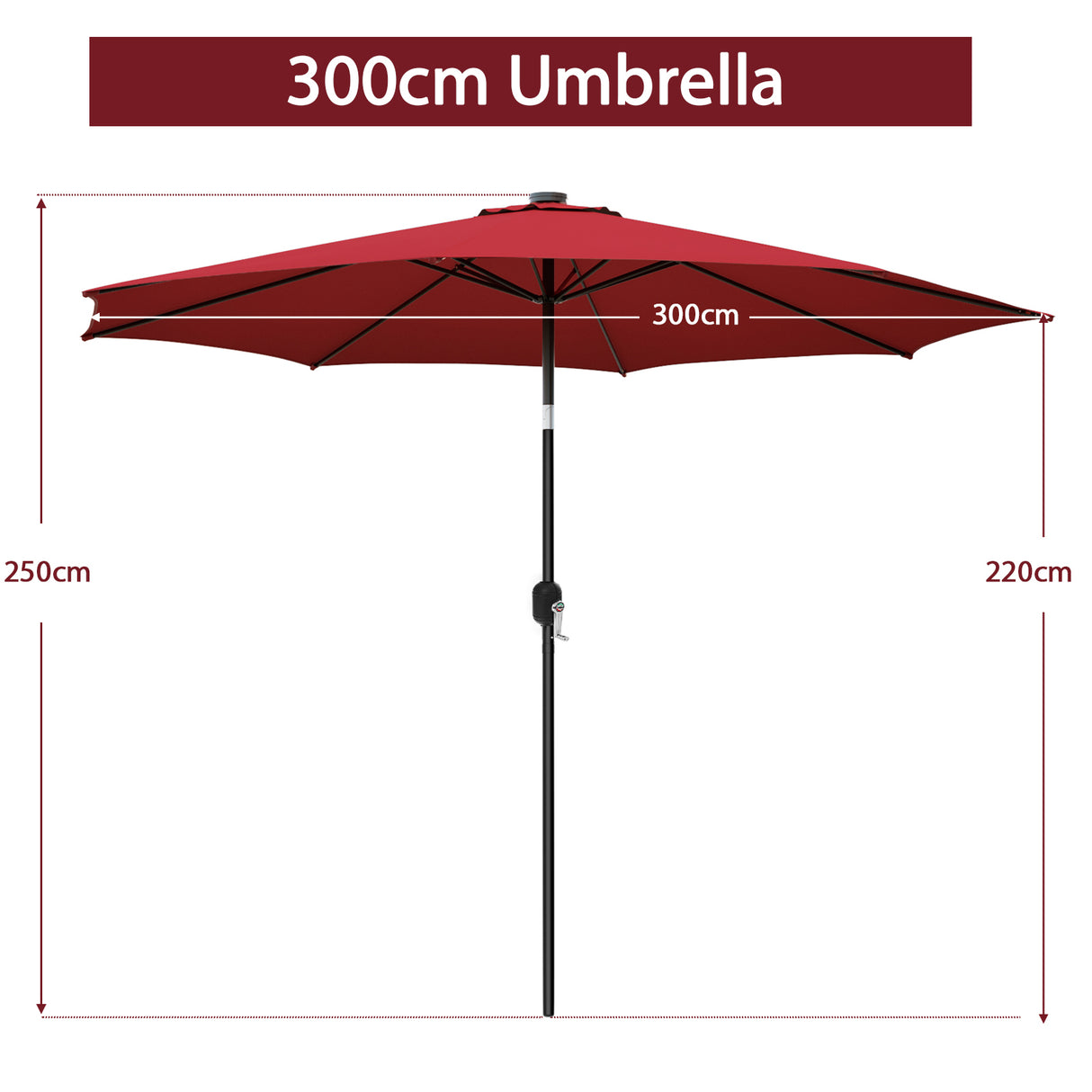 300cm Patio Umbrella with Push Button Tilt Crank Handle and 8 Sturdy Ribs-Wine