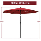 300cm Patio Umbrella with Push Button Tilt Crank Handle and 8 Sturdy Ribs-Wine