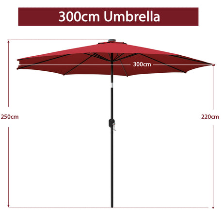 300cm Patio Umbrella with Push Button Tilt Crank Handle and 8 Sturdy Ribs-Wine