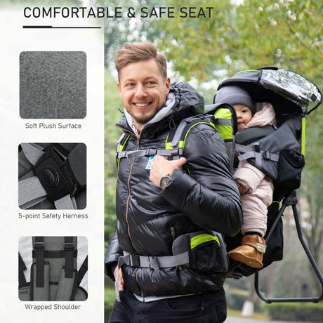 HOMCOM Baby Hiking Backpack Carrier Child Carrier with Ergonomic Hip Seat Detachable Rain Cover Adjustable Straps Stand for Toddler 6 - 36 Months Black