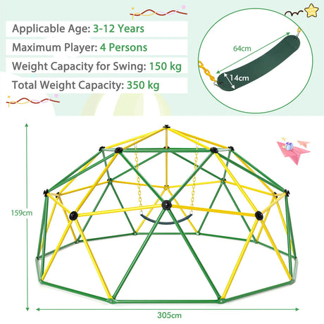 10 Feet Dome Climber with Swing and 800 Lbs Load Capacity-Green