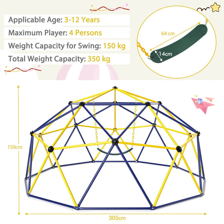 10FT Kids Climbing Dome with Swing Outdoor Jungle Gym Climber-Yellow