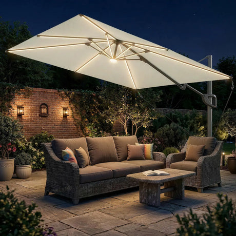 Outsunny 3 x 3 m Garden Cantilever Parasol w/ Light, Cover, UPF50+ Patio Umbrella w/ Wind Protection, 360 Rotation, Cream White
